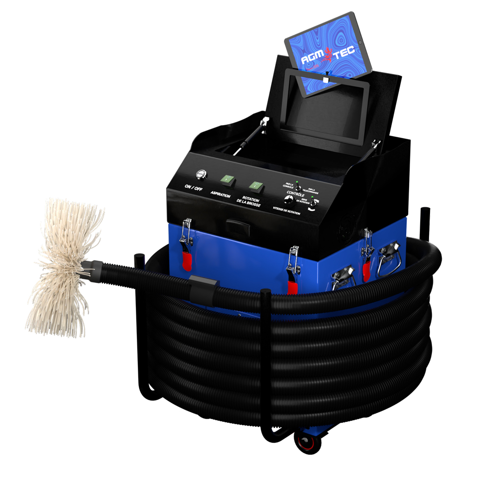 Robot de nettoyage gaine aéraulique AGM TEC avec brosse rotative, flexible enroulé et pupitre de commande